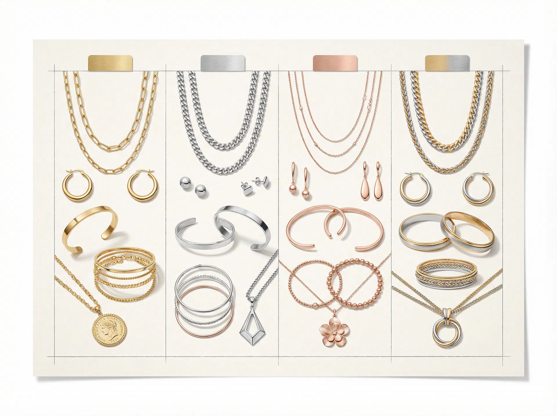 Wholesale jewellery assortment across gold plated, silver plated and rose gold plated finishes