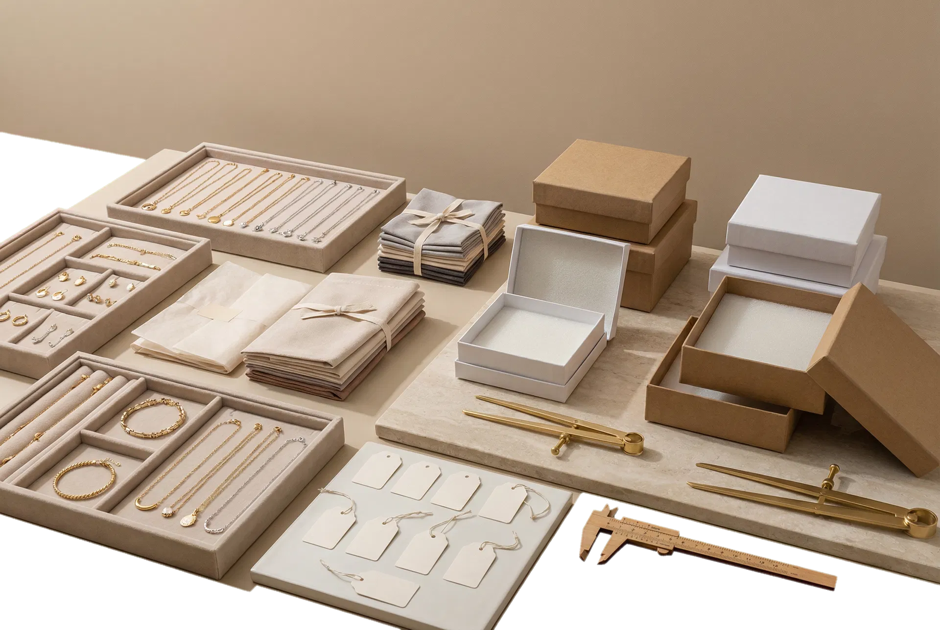 Jewellery trays and packaging displayed in a premium wholesale preparation environment