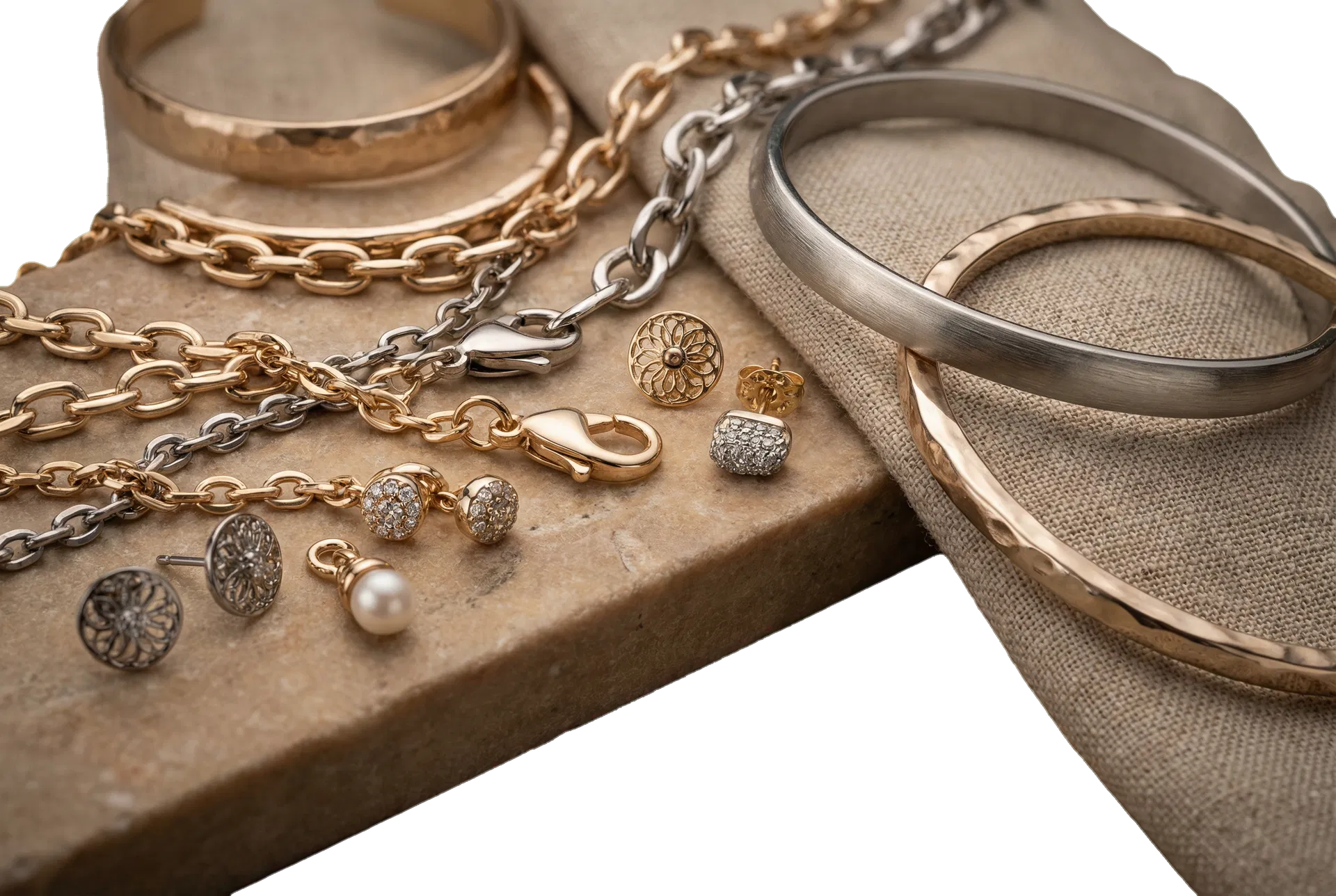 Close-up jewellery detail showing mixed plated finishes and craftsmanship