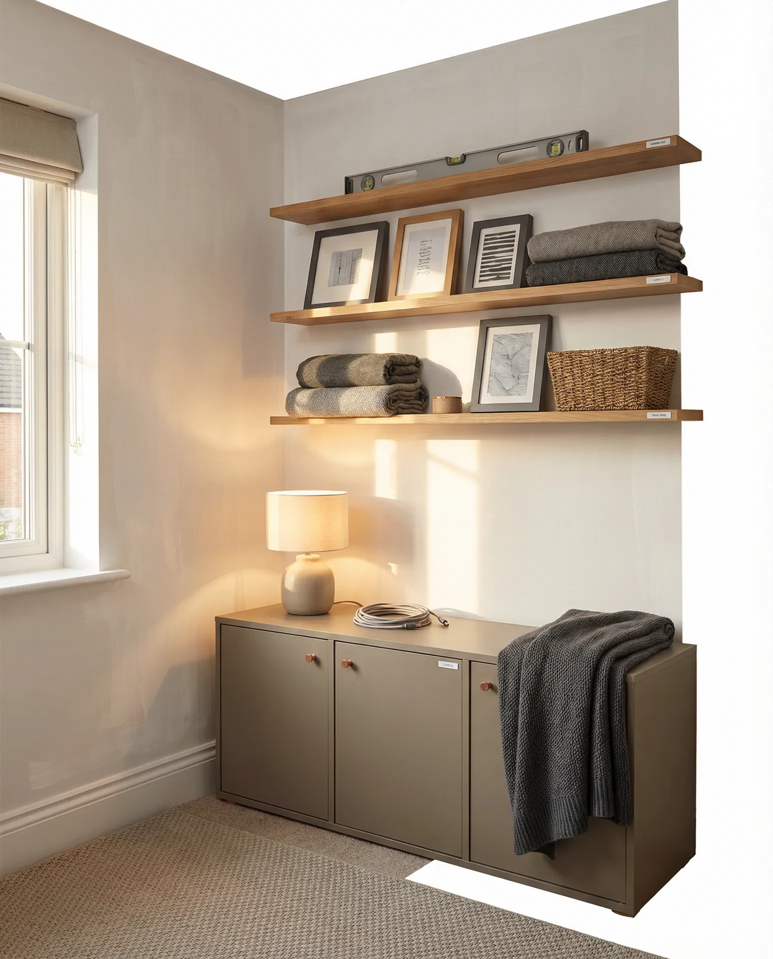 A finished DIY-improved living space with neatly installed shelving and furnishings