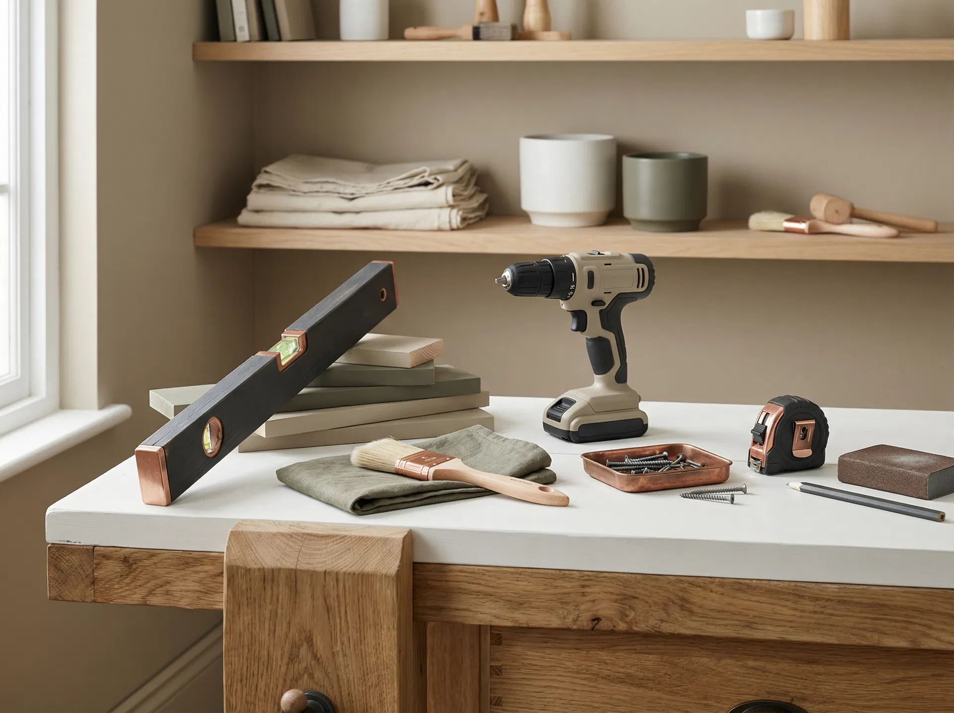 Carefully arranged DIY tools on a workbench