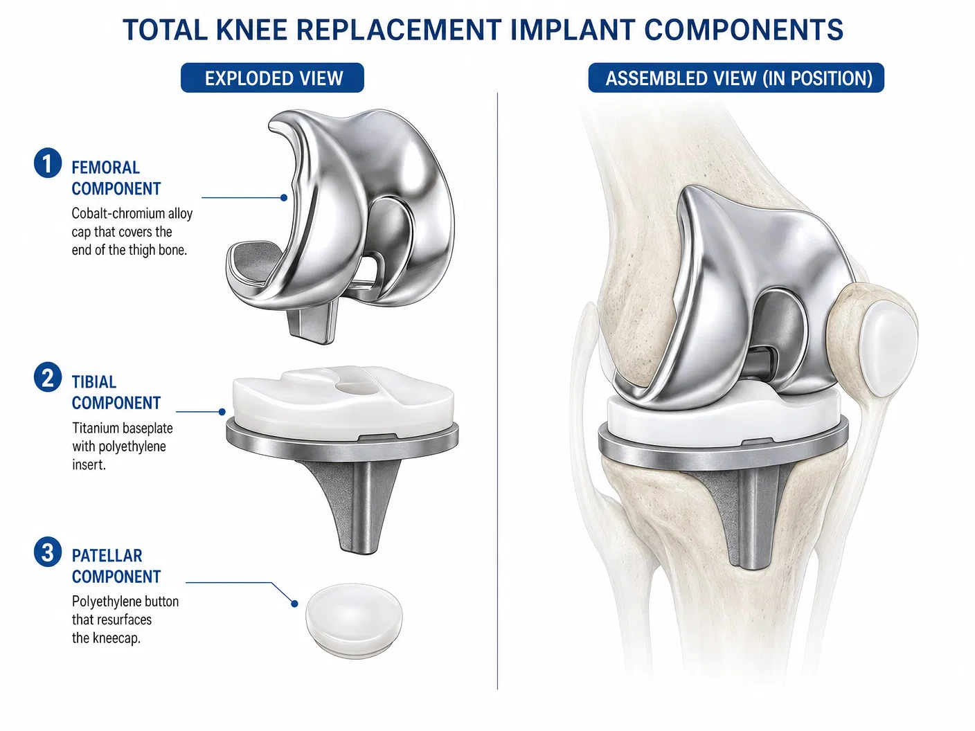 Total knee replacement implant components showing femoral, tibial, and patellar components in exploded and assembled views