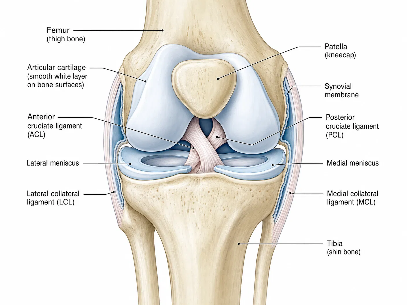 Knee joint anatomy showing femur, tibia, patella, ligaments, menisci, and articular cartilage