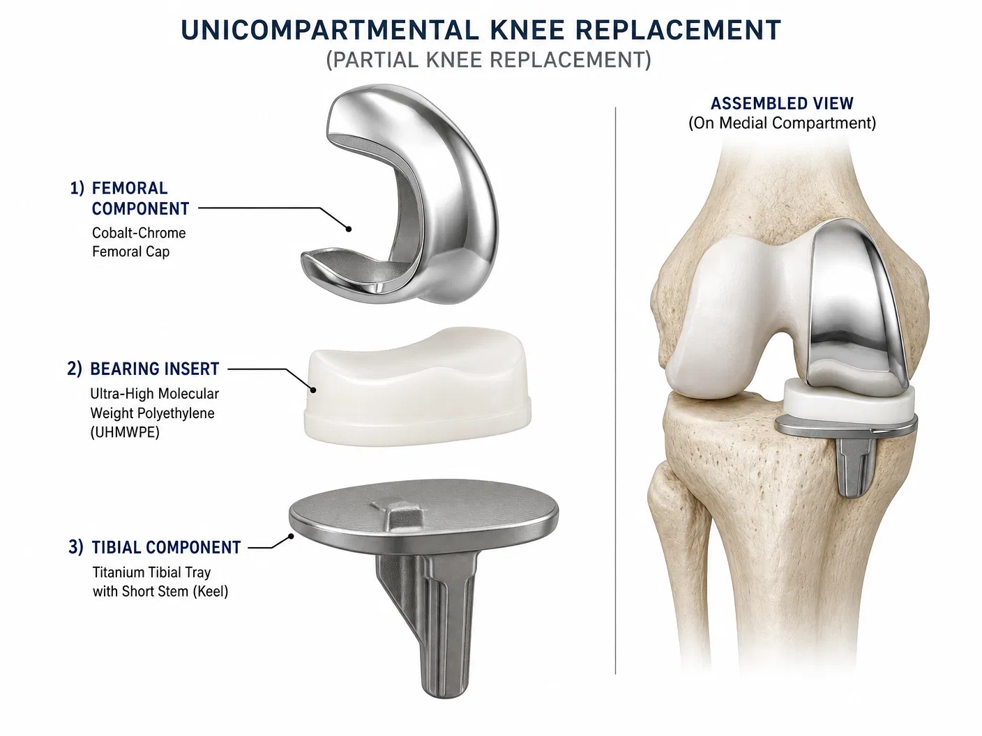 Exploded and assembled view of unicompartmental knee replacement implant components