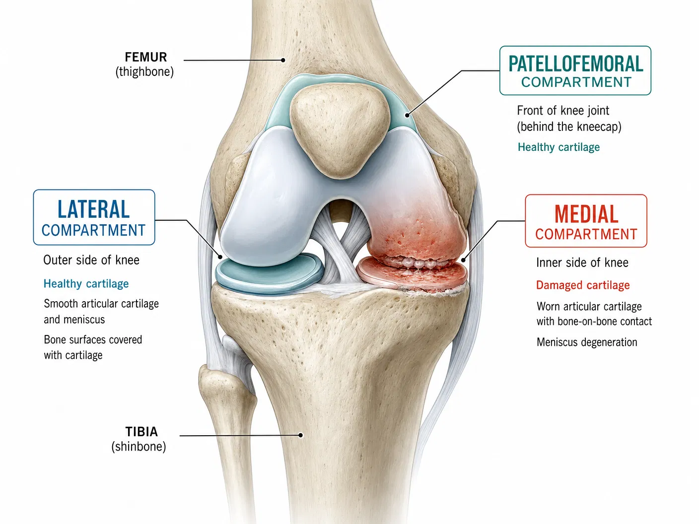 Knee joint showing three compartments - medial (damaged), lateral (healthy), and patellofemoral (healthy)