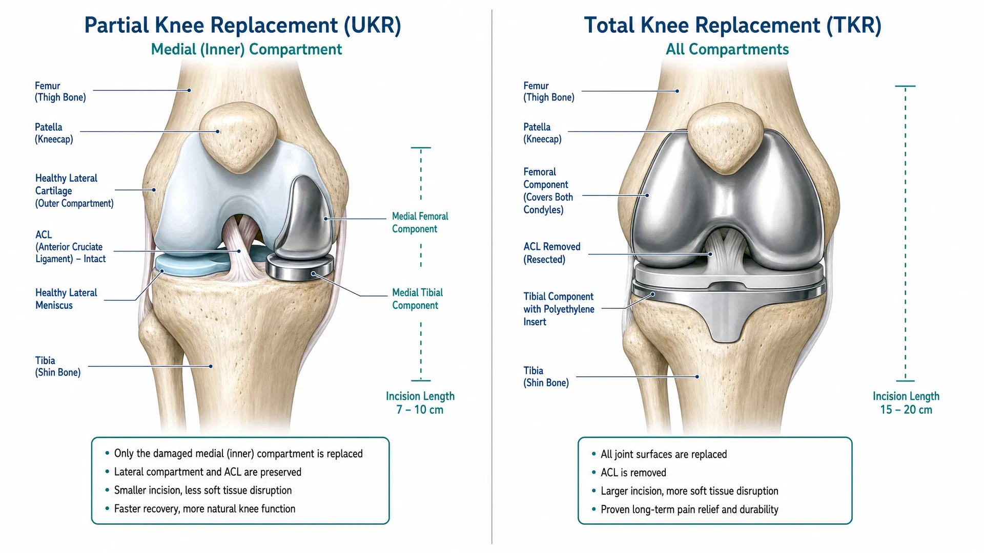 Side-by-side comparison of partial knee replacement (UKR) versus total knee replacement (TKR)
