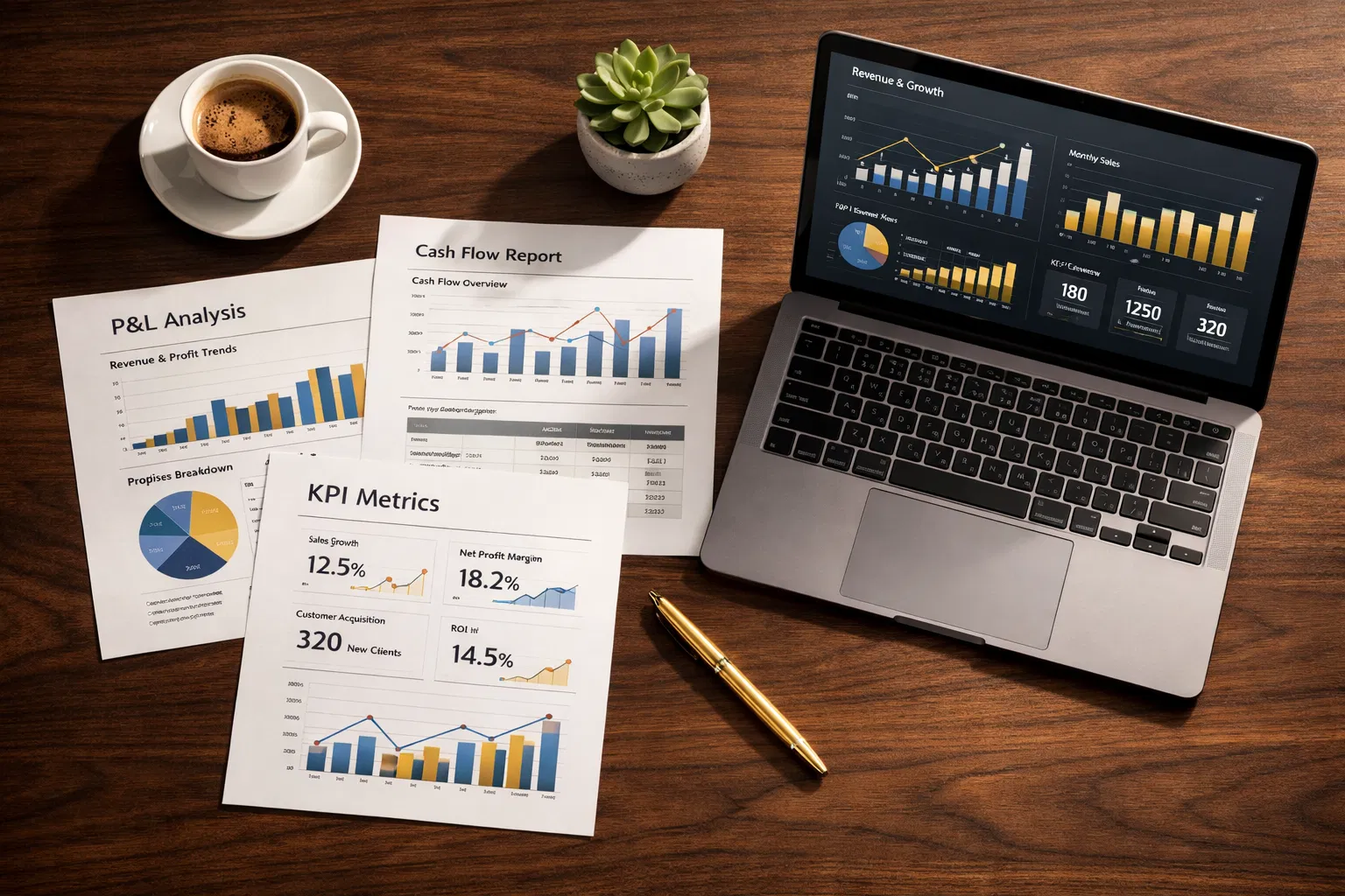 Financial strategy documents and KPI dashboard on desk