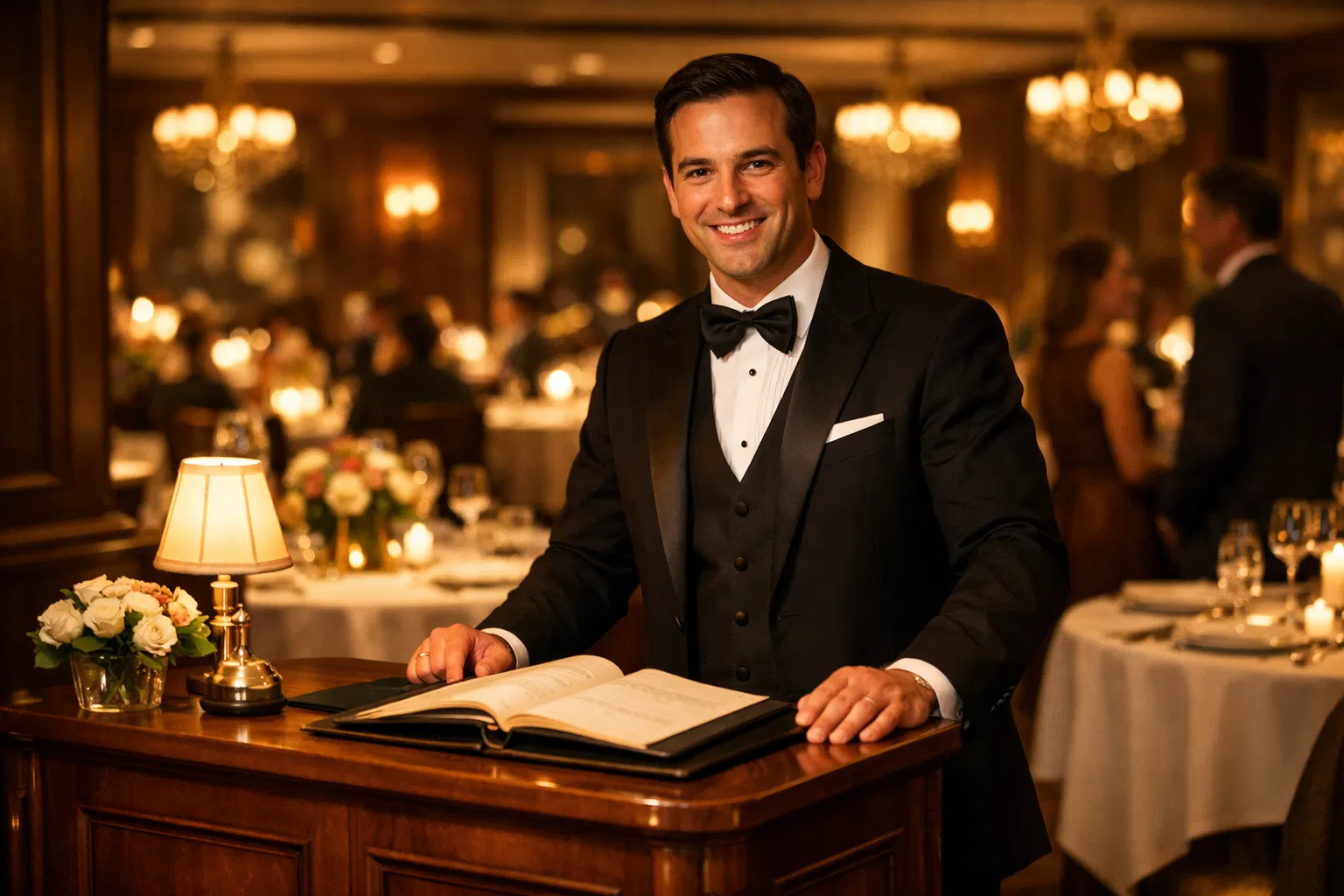 Professional server in fine dining restaurant welcoming guests with exceptional service