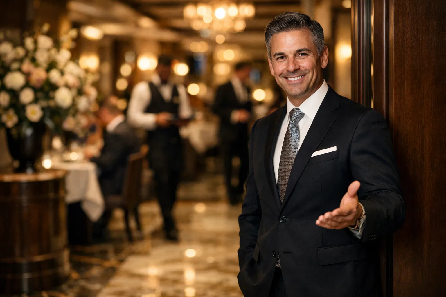 Restaurant front of house manager welcoming guests