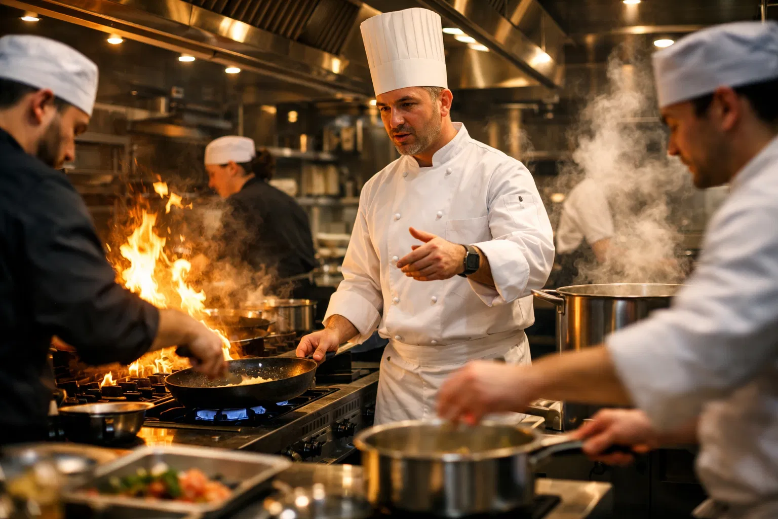 Executive chef directing kitchen team in a professional restaurant kitchen