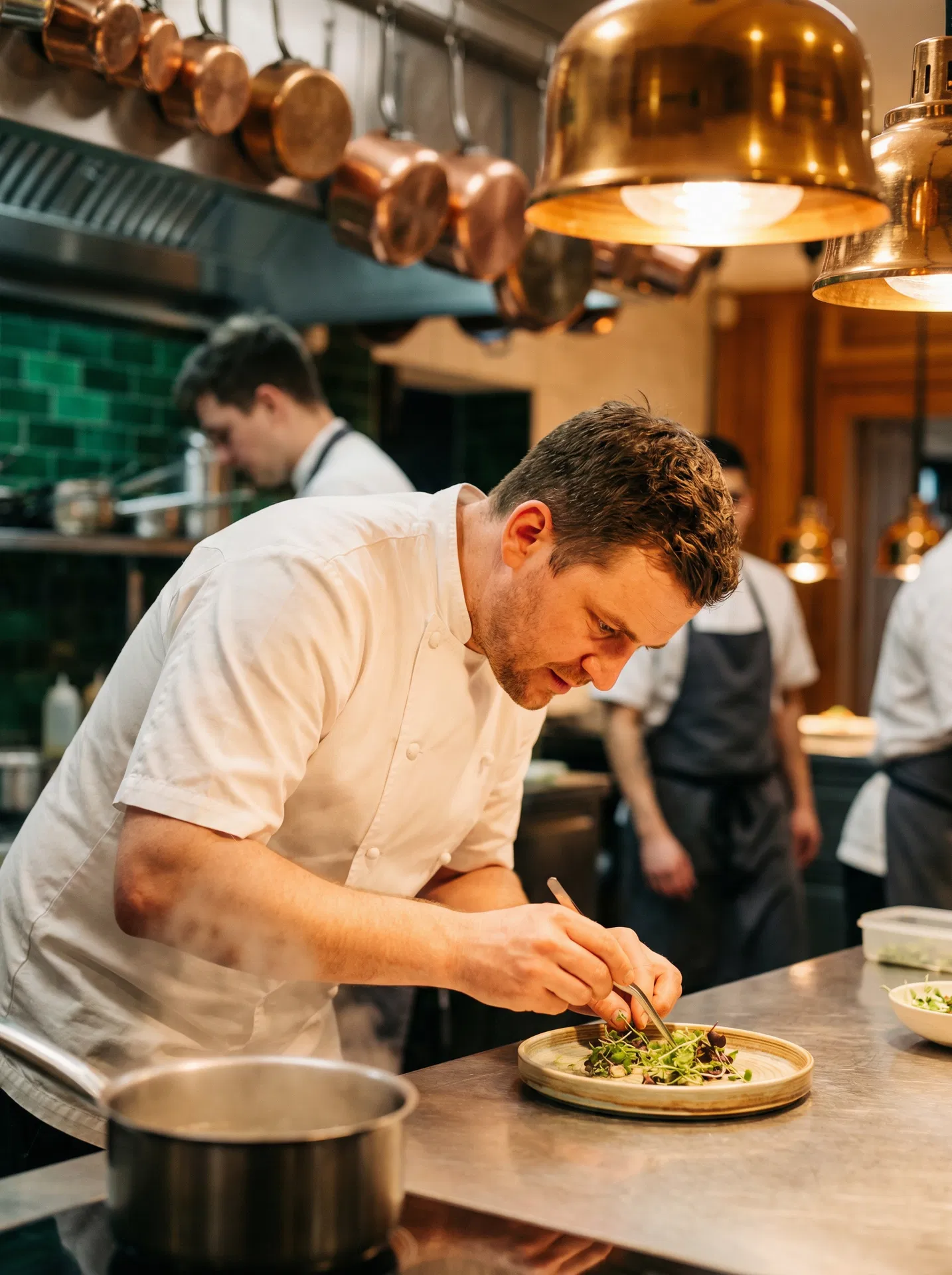 Chef Raimonds Zommers plating a dish in Entresol's open kitchen