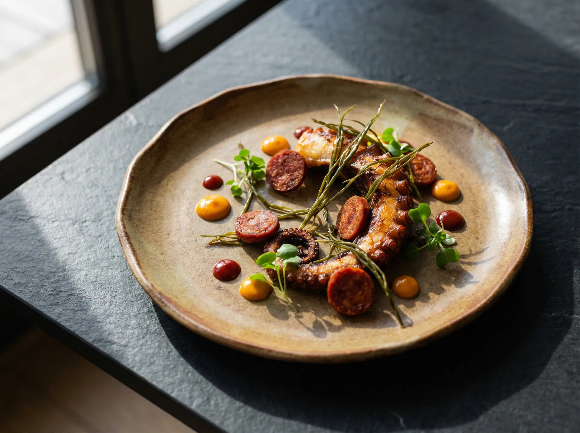 Beautifully plated octopus dish with chorizo and sea grass at Entresol