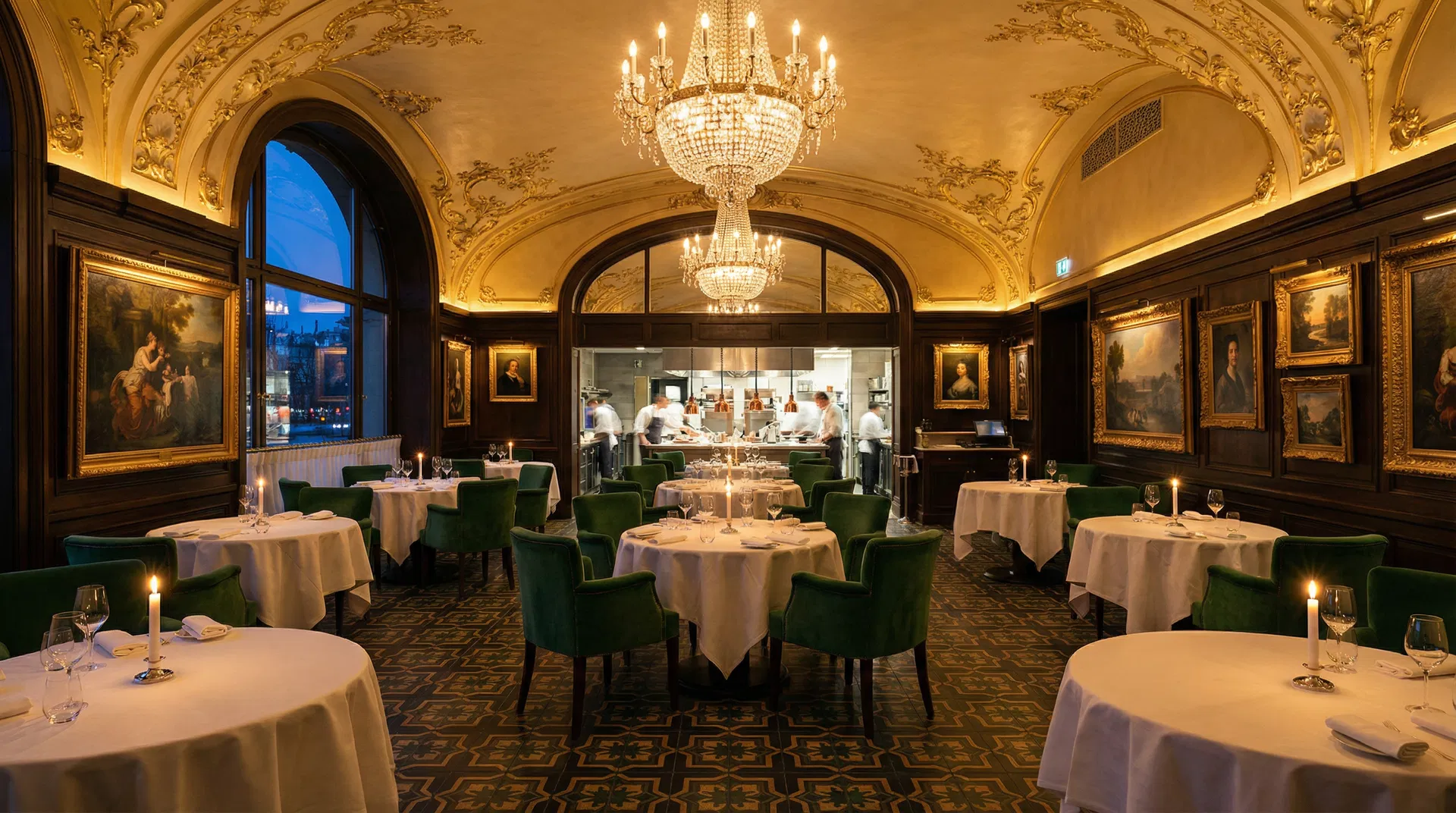 Entresol restaurant interior with Art Nouveau architecture, crystal chandeliers, and emerald green seating