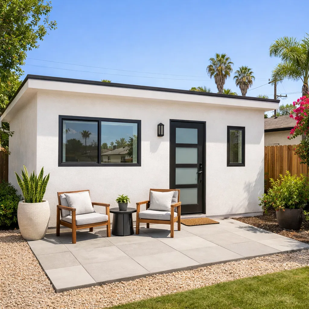 Completed detached ADU exterior — modern white stucco with patio