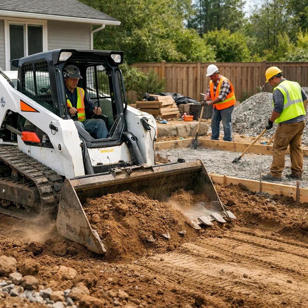 Site grading with Bobcat loader — foundation preparation