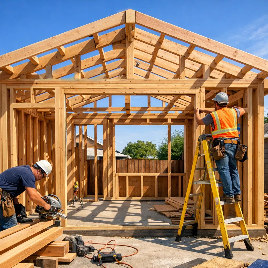 ADU wood framing in progress — open structure under blue sky