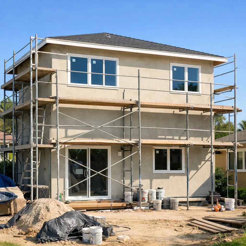 Two-story addition with scaffolding and new windows