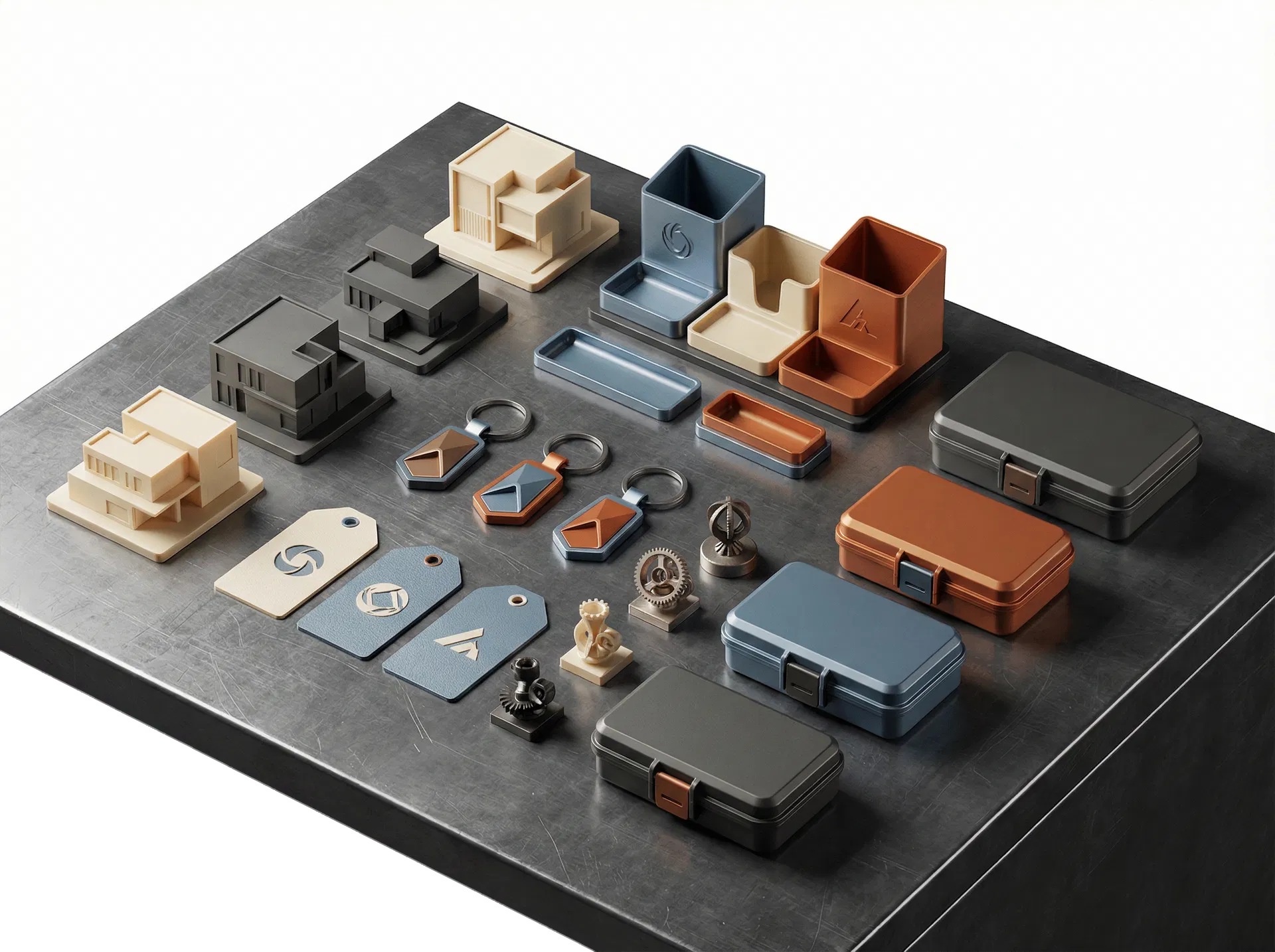 Small-batch B2B 3D printed gifts, prototypes and branded pieces laid out on an industrial table