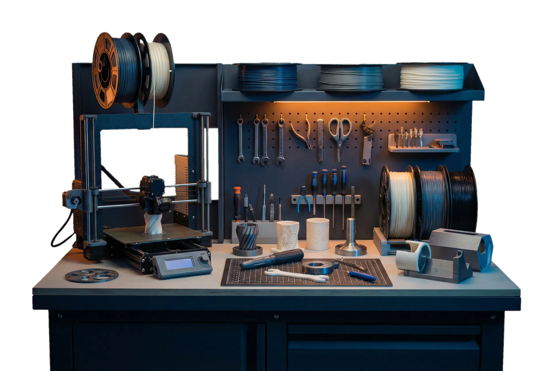 VortexLabUK workshop environment with 3D printer, tools and custom samples