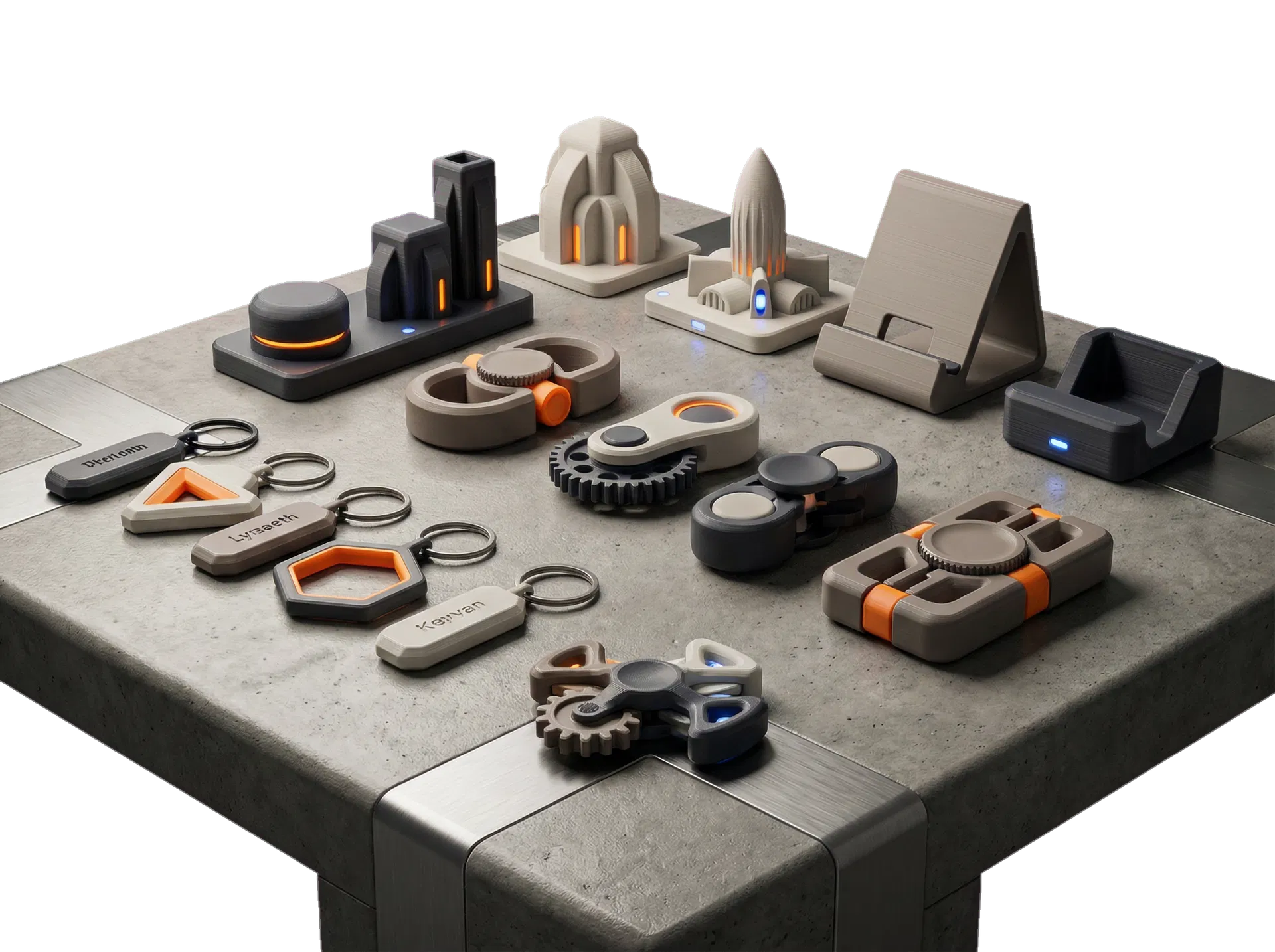 Close-up of personalised keyrings, desk toys and practical 3D printed pieces