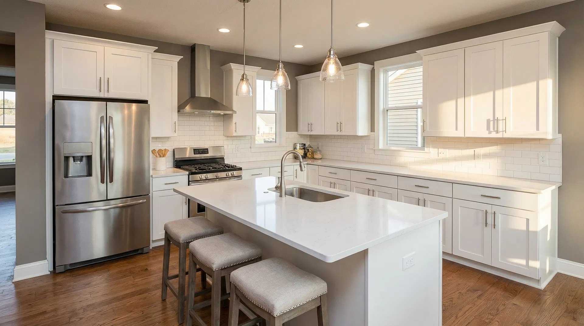 Modern kitchen remodel with white shaker cabinets quartz countertops island sink and stainless steel appliances San Antonio TX