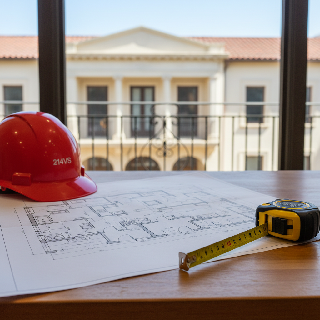 Blueprint for home renovation with hard hat and measuring tape, representing Veteran Land Board Texas San Antonio benefits and veteran-owned general contractor services.