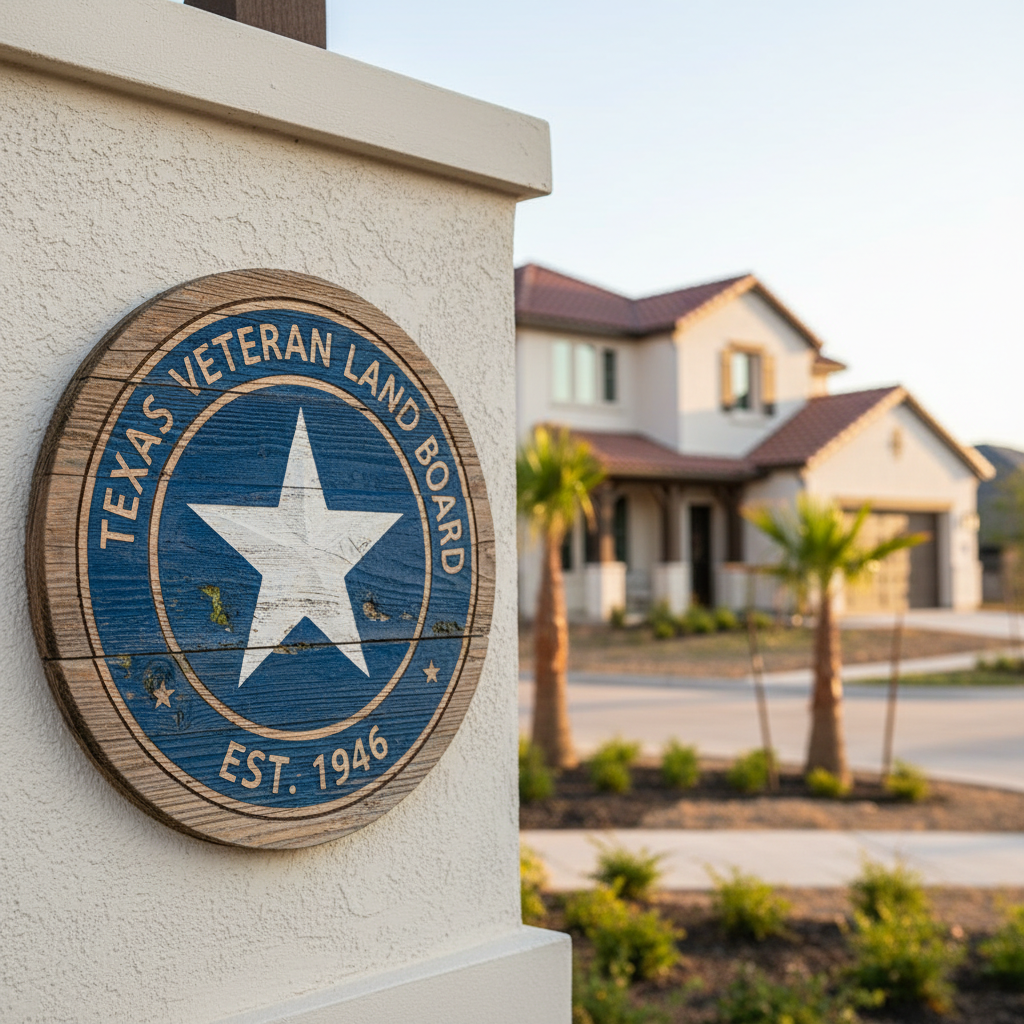 Texas Veteran Land Board emblem with a modern San Antonio home in the background, representing VLB benefits for homeowners in San Antonio, TX by a veteran-owned general contractor.