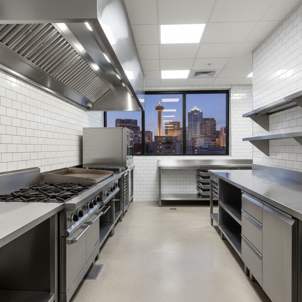 Modern commercial kitchen interior for a restaurant build-out in San Antonio, TX by a veteran-owned general contractor