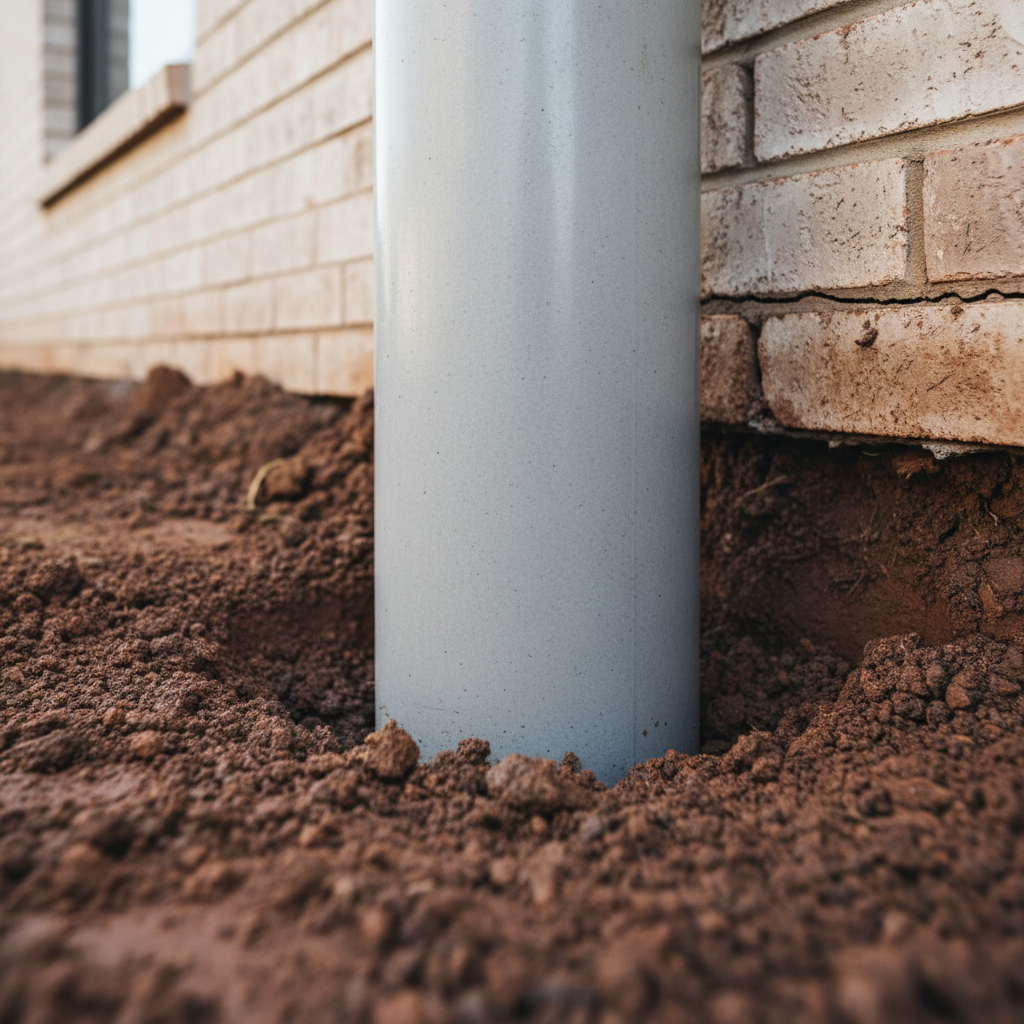 Newly installed concrete pier stabilizing a residential foundation in San Antonio, TX by a veteran-owned general contractor