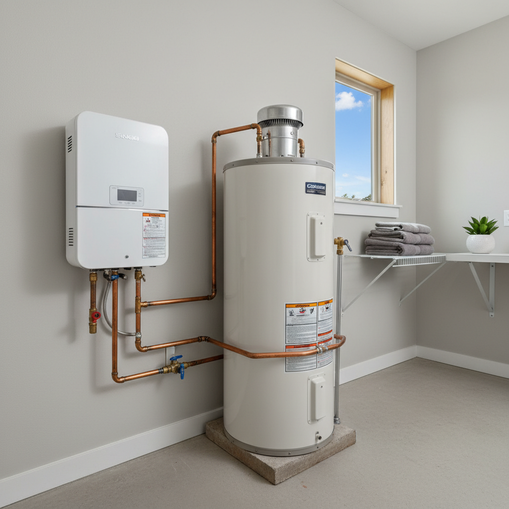 Comparison of tankless vs. tank water heater installation in a San Antonio utility room by a veteran-owned general contractor