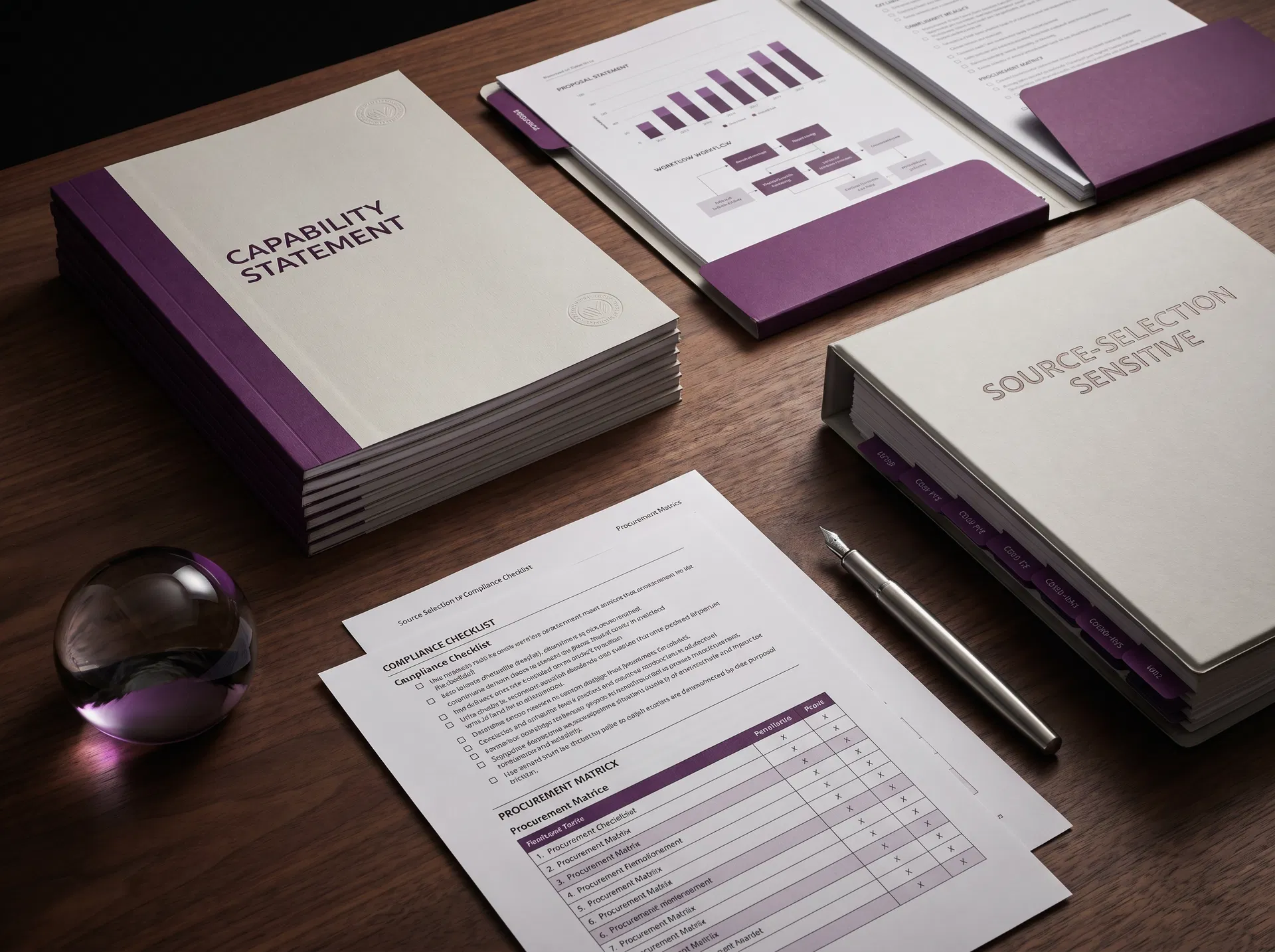 Capability statement and government advisory documents arranged on an executive desk.