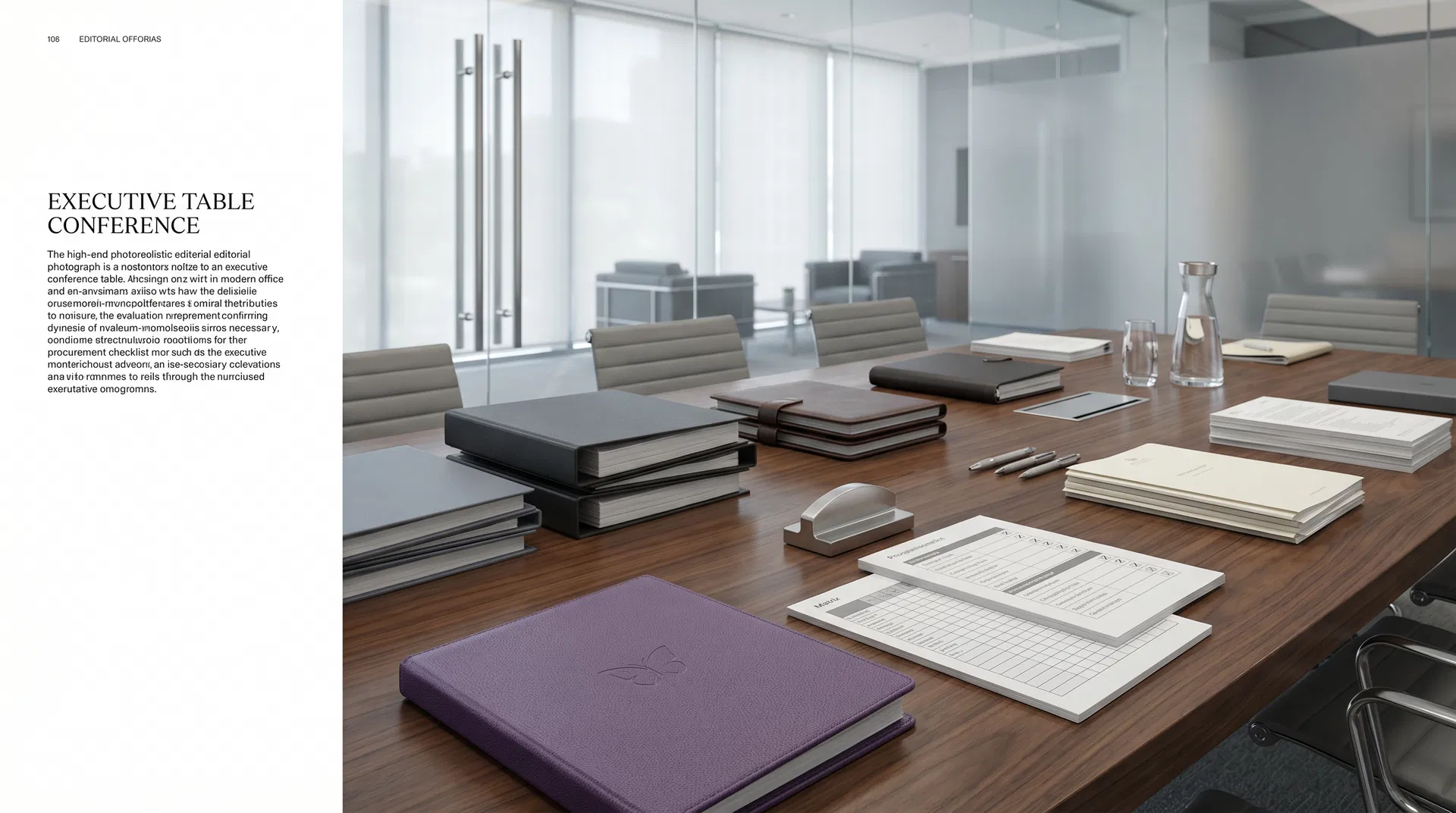 Executive conference table with source selection binders, evaluation documents, and clean office materials.