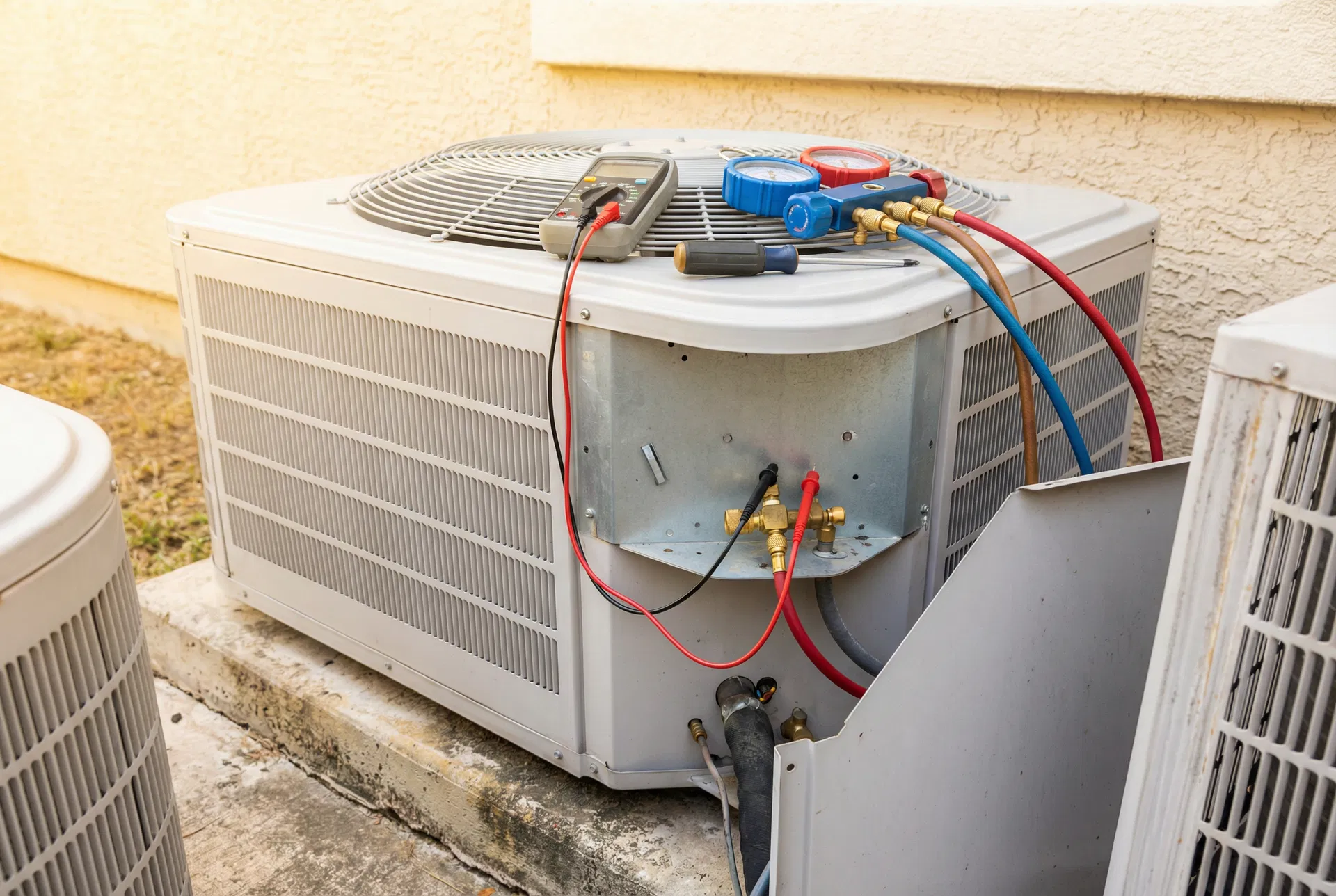 AC condenser unit being serviced with refrigerant gauges and multimeter in San Antonio TX