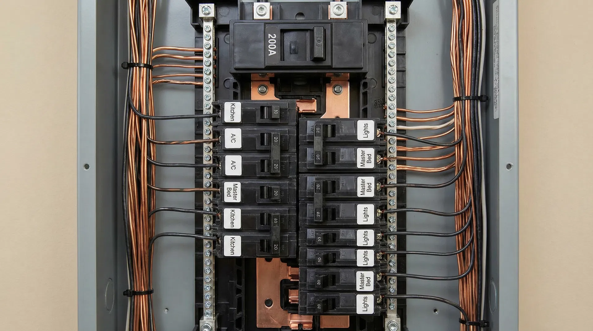 Open 200-amp residential electrical panel showing labeled circuit breakers, copper bus bars, and wiring in San Antonio home