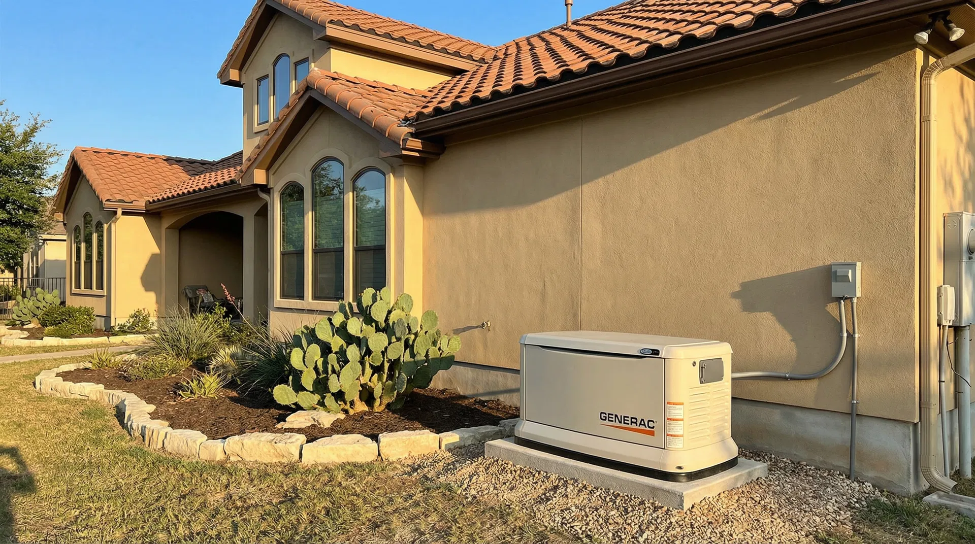 Generac standby generator professionally installed next to a San Antonio Texas style stucco home with terracotta roof and native landscaping