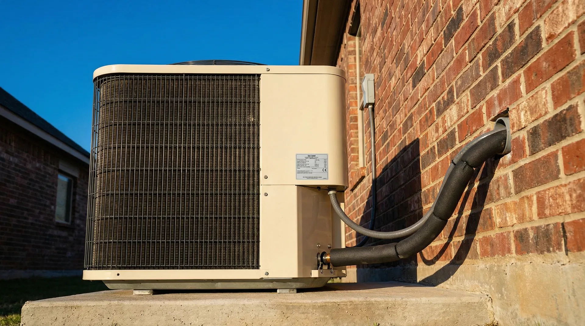 Modern residential heat pump outdoor condenser unit installed on concrete pad beside brick house in San Antonio TX