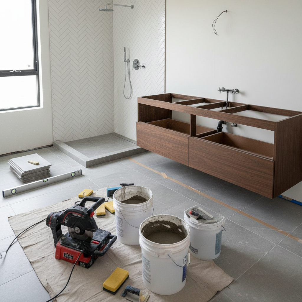 Bathroom Remodel Cost San Antonio - Construction site with new tile and plumbing rough-ins