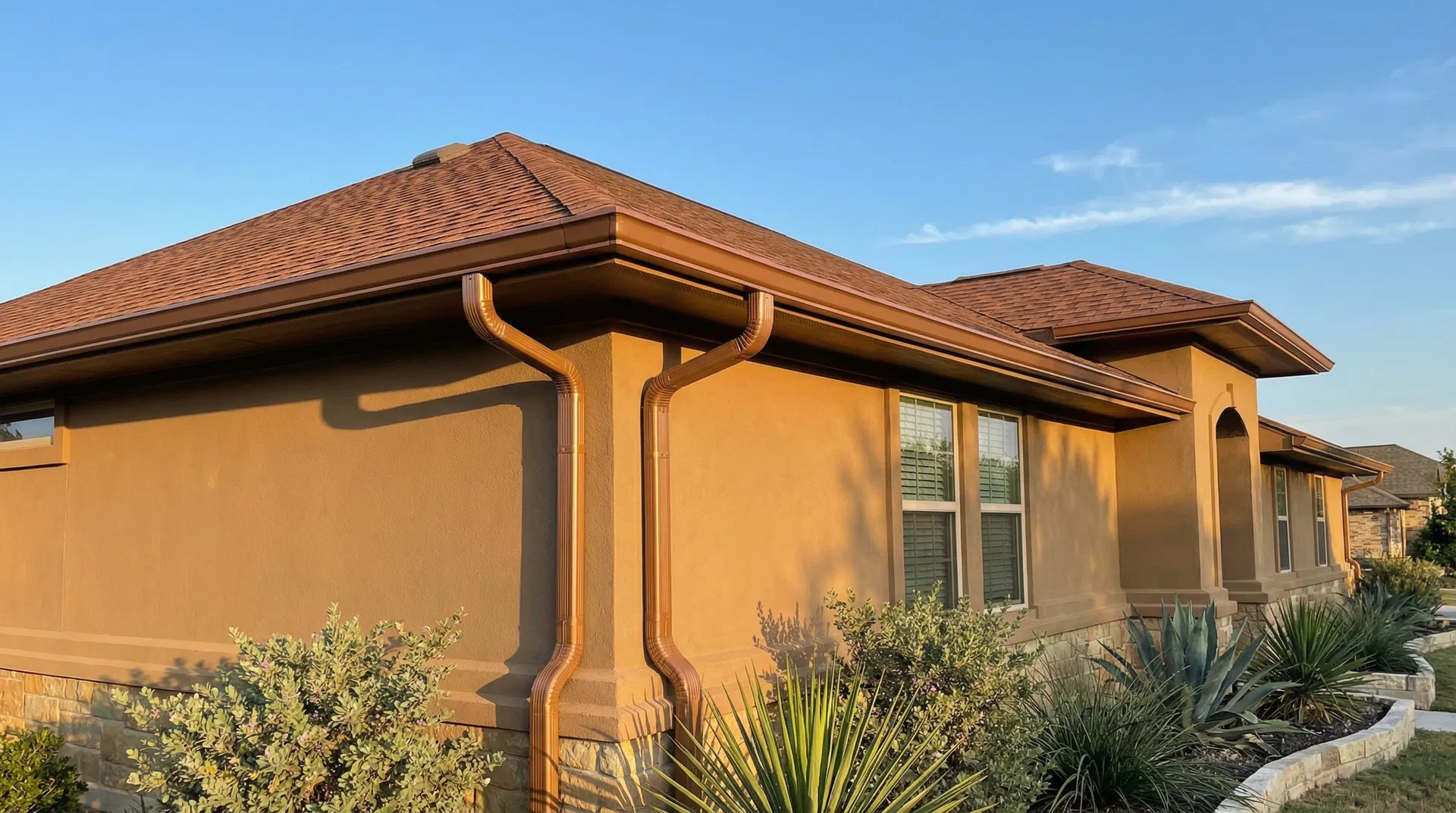 Seamless aluminum gutter system installed on a San Antonio stucco home with professional downspouts and Texas landscaping Seamless aluminum gutter system installed on a San Antonio stucco home with professional downspouts and Texas landscaping
