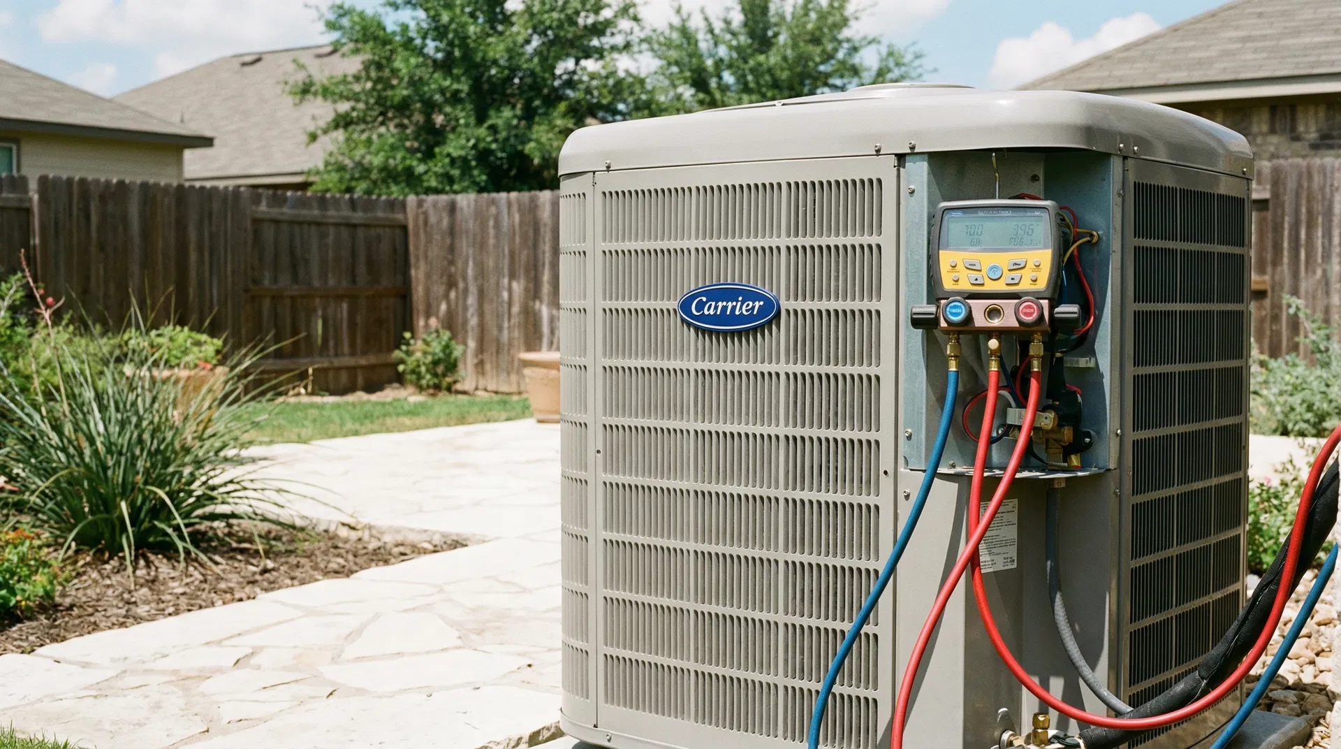 Licensed HVAC technician performing AC repair on Carrier condenser unit in San Antonio TX — C.S.W. Power Solutions