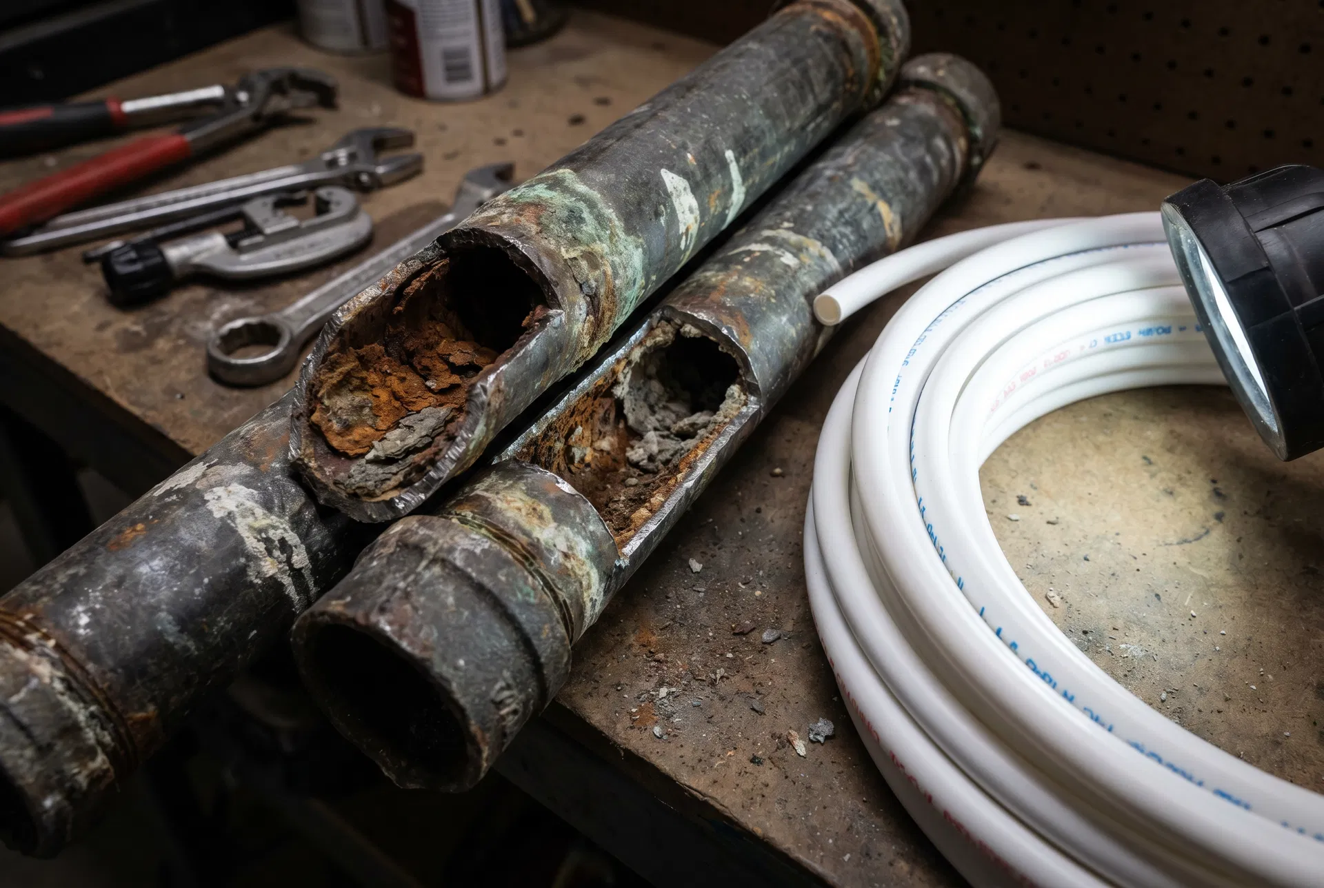Cross-section of severely corroded galvanized pipe next to new white PEX pipe — showing why whole-house repiping is needed in San Antonio homes
