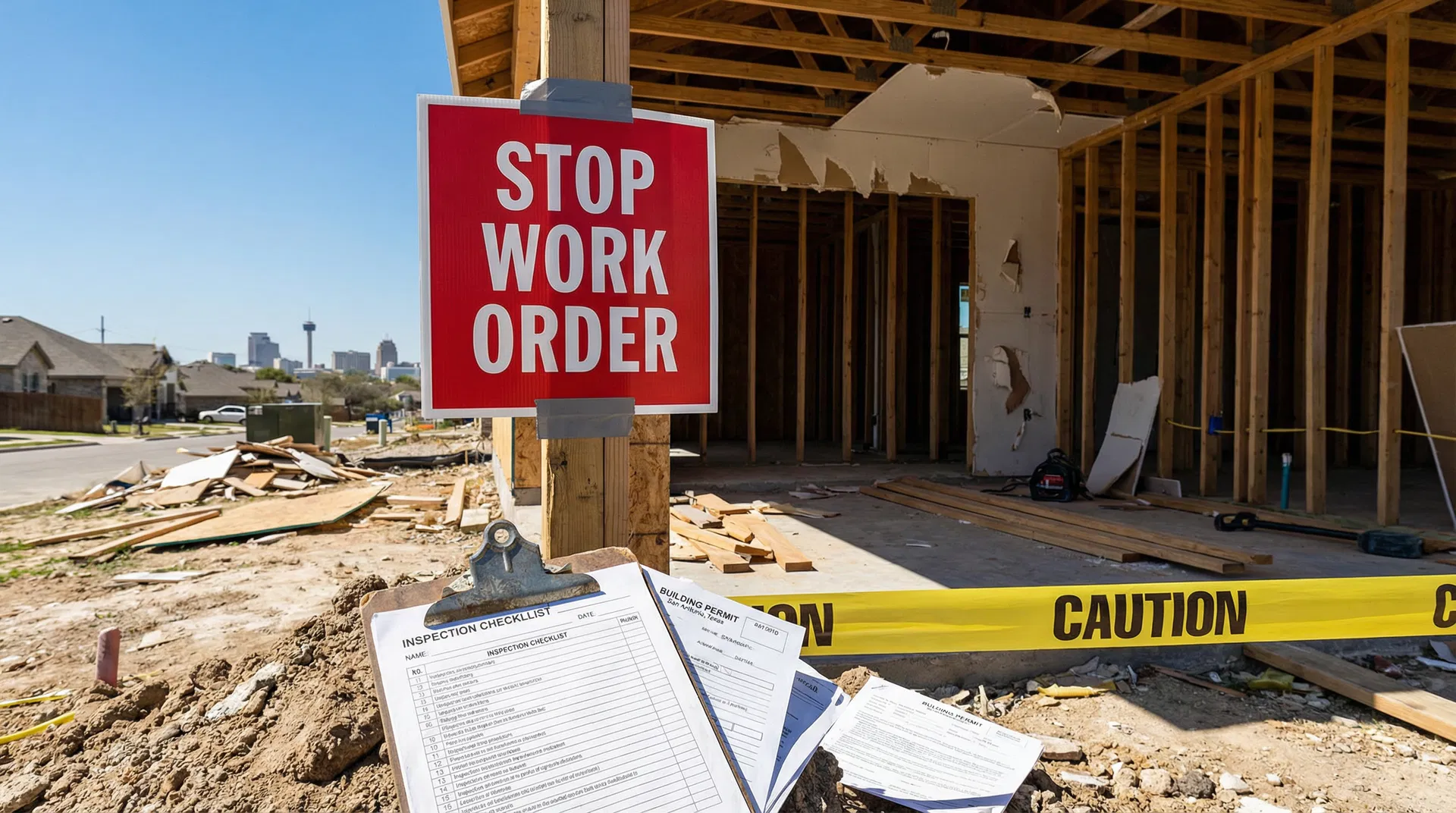 Stop work order sign posted on a construction site in San Antonio TX due to unpermitted work