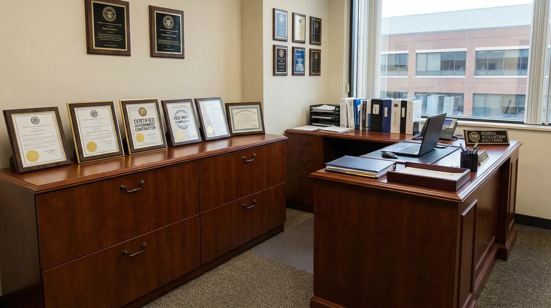 Professional government contracting office with framed certifications