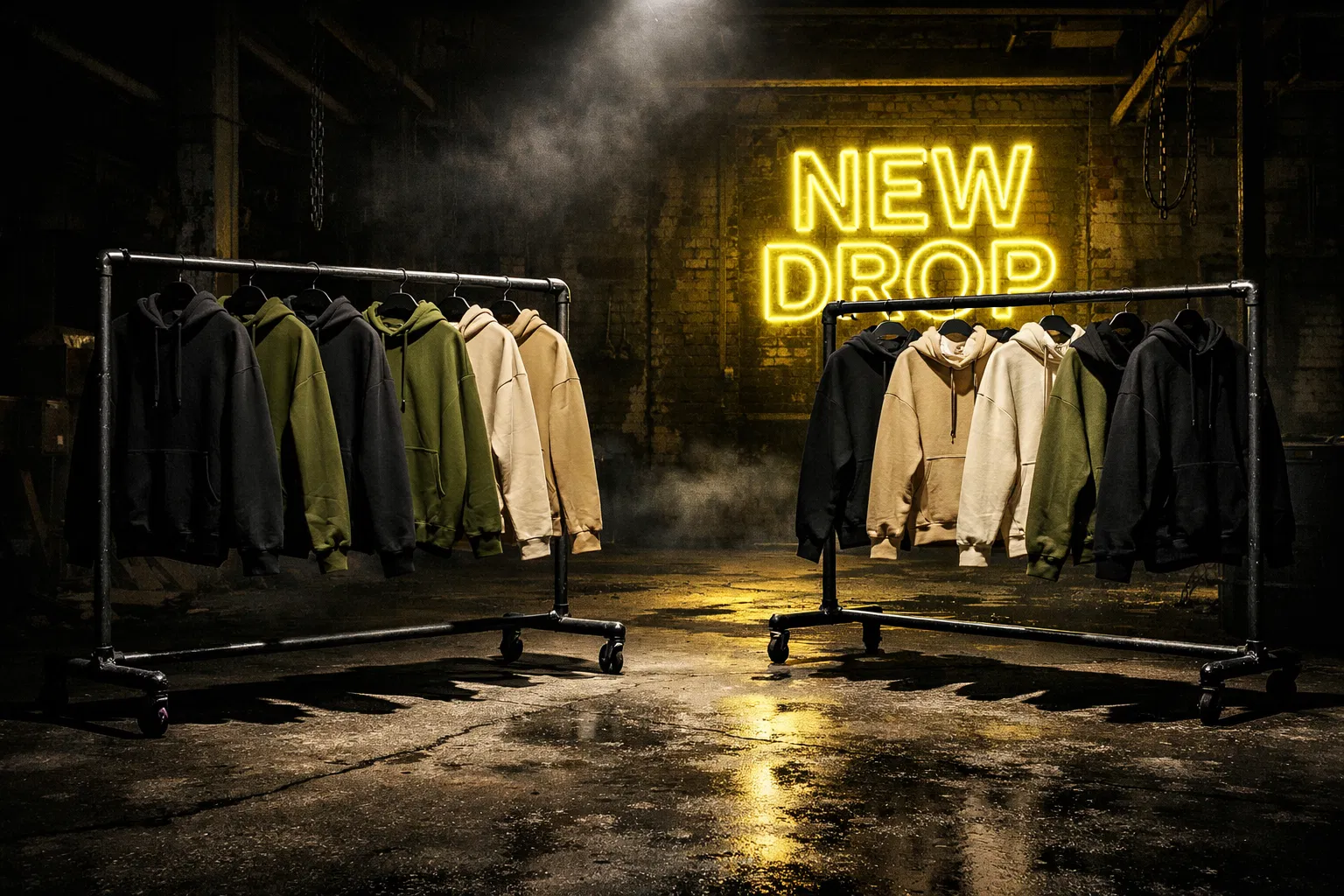 New Drops collection — limited edition hoodies in black, olive, and sand