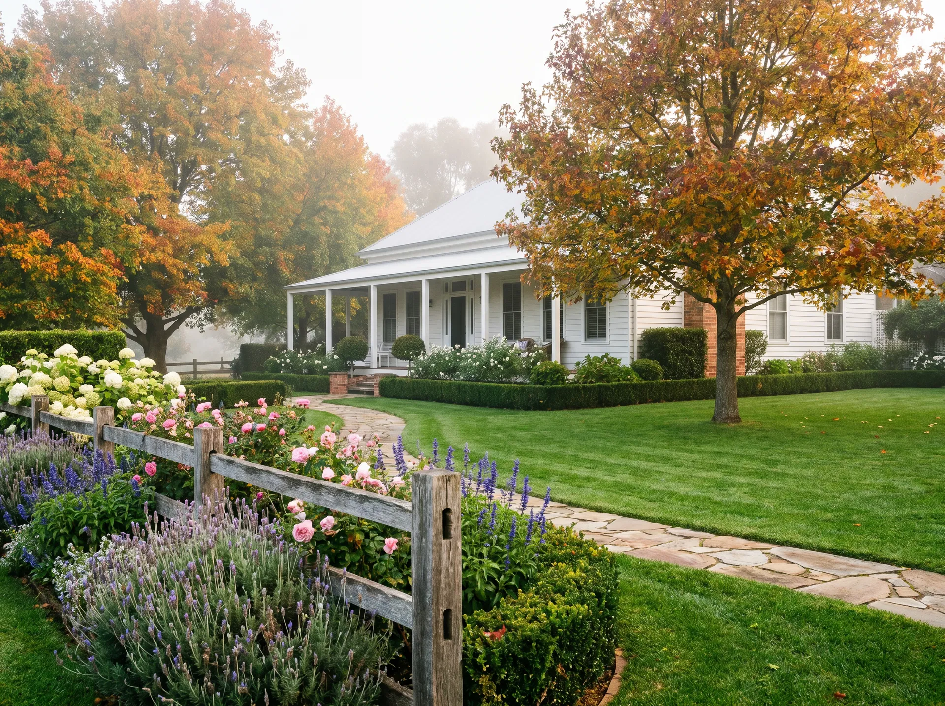 Cottage garden with established plantings and striped lawn