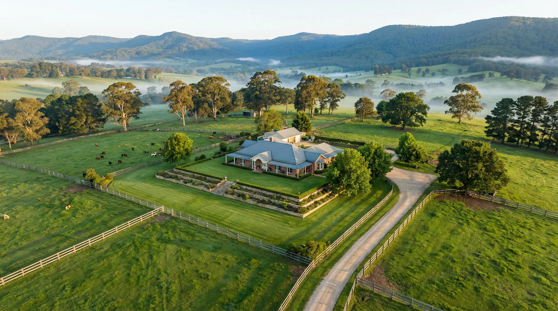 Aerial view of a manicured acreage lawn in the Southern Highlands