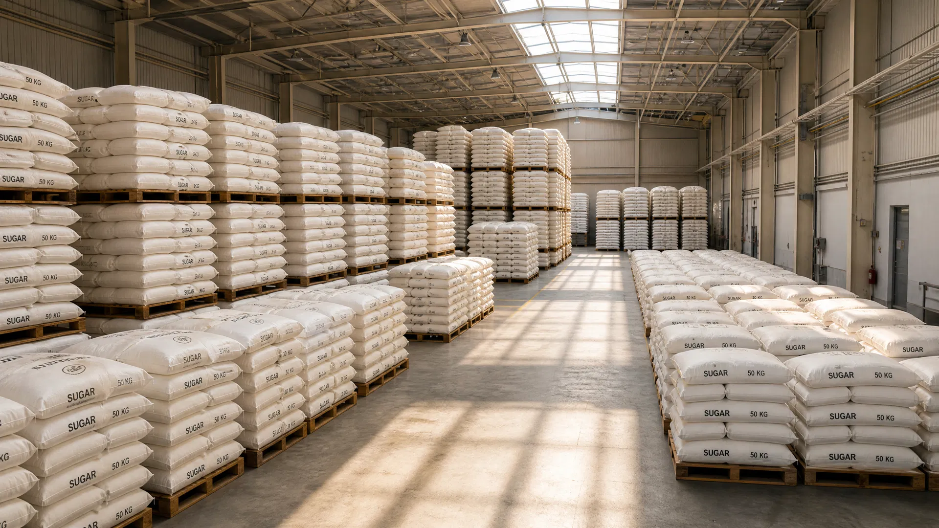 Sugar warehouse with stacked 50kg sacks