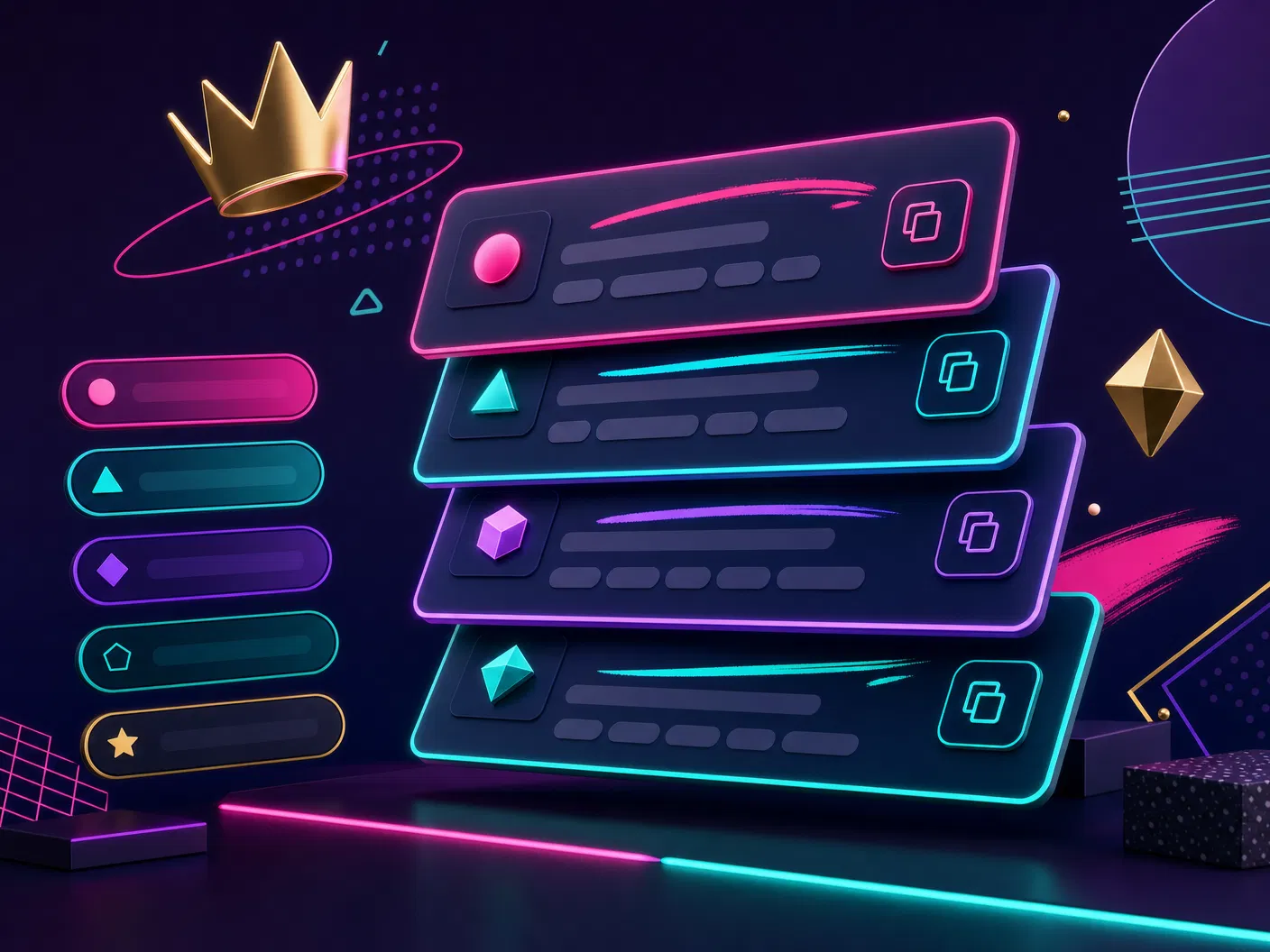 Neon stacked command cards illustration.