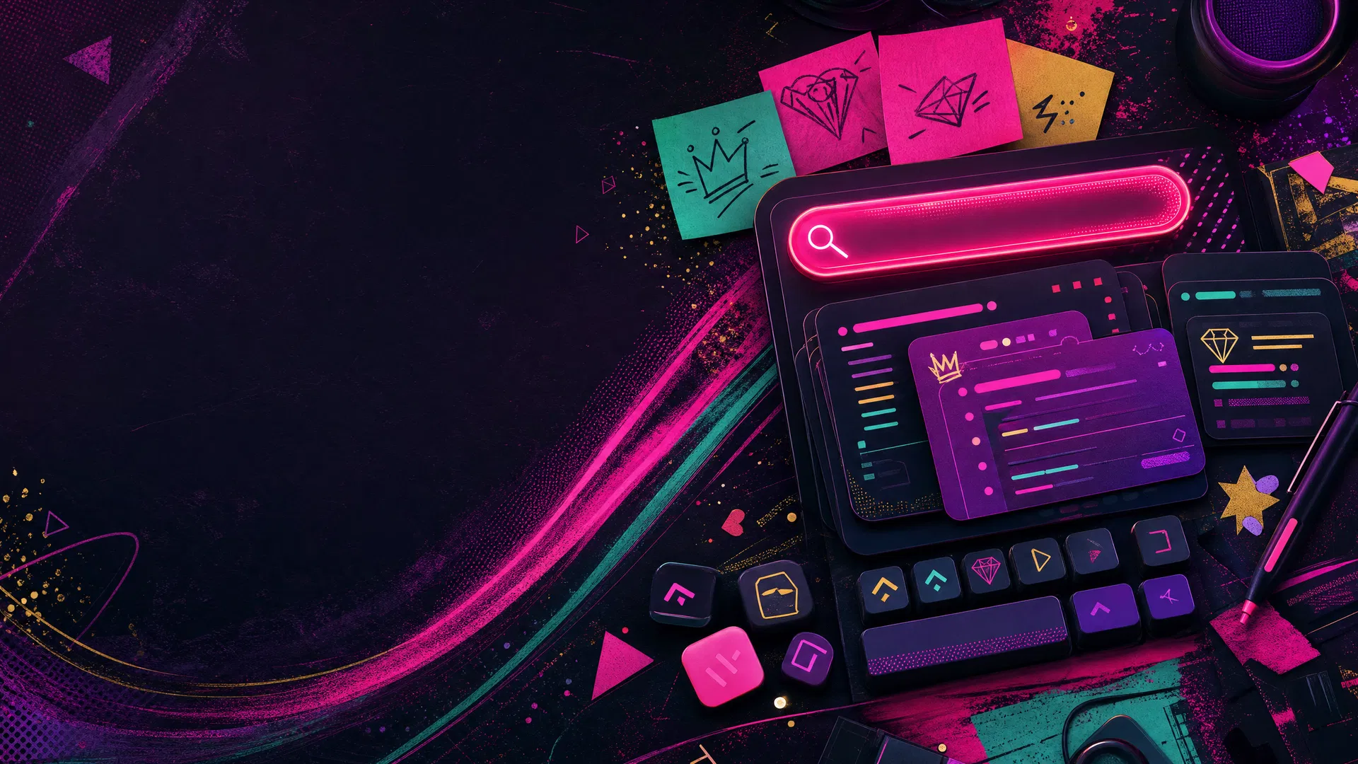 Neon command desk with prompt cards, crown, diamond, and search console visuals.