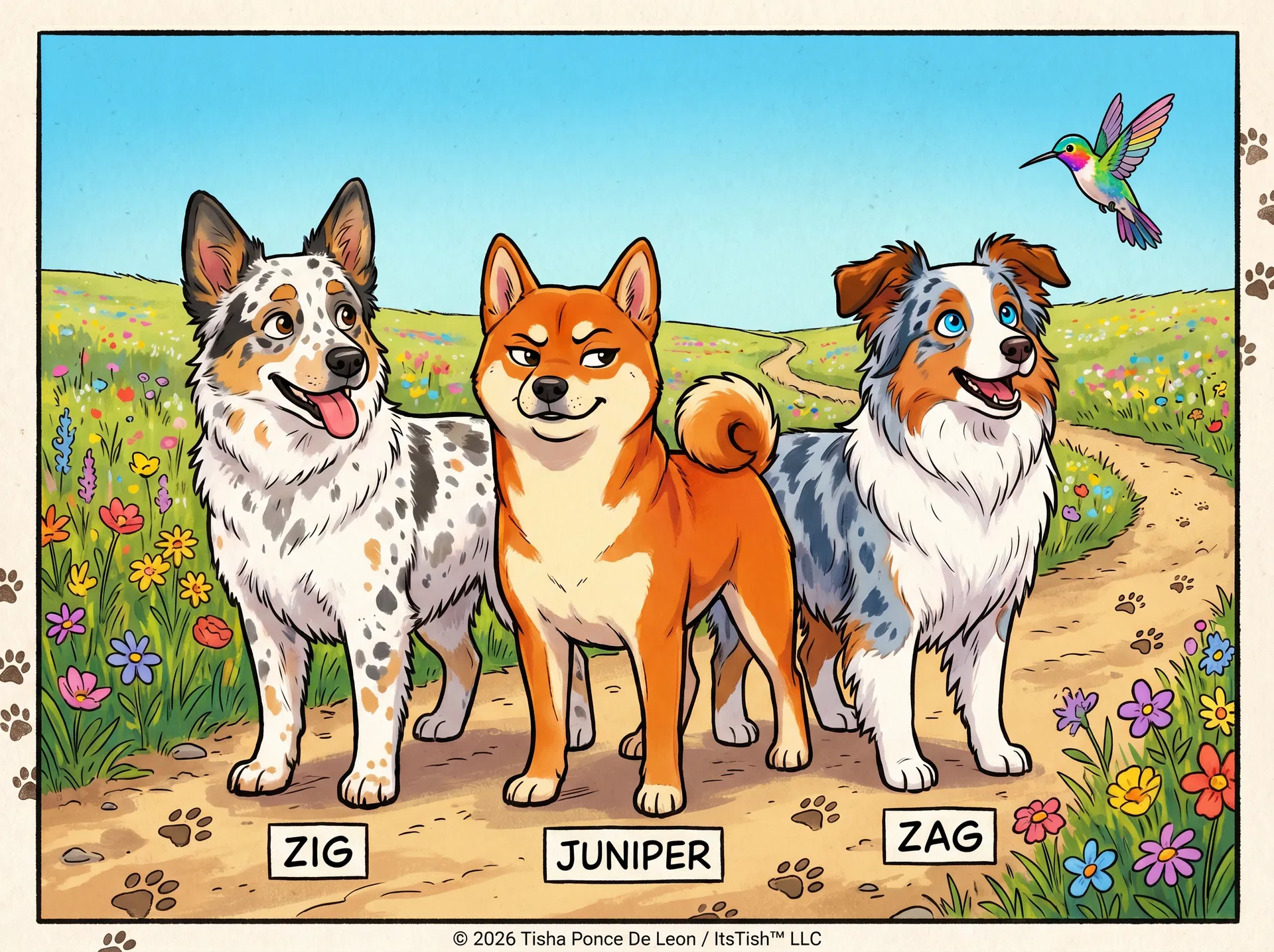 Juniper, Zig & Zag running on a Kansas trail