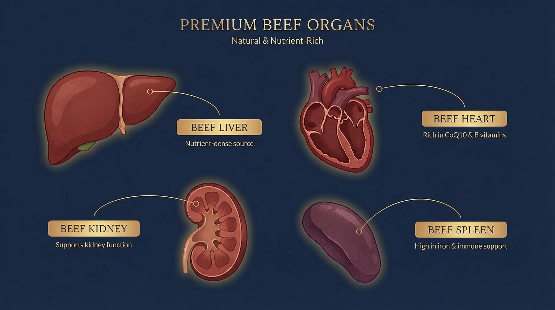 Freeze-dried beef organs, liver, heart, kidney, spleen